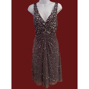 Y2K Vintage Patra Gray Beaded Sequin Cocktail Dress V-Neck Ruched Glam Sz 8